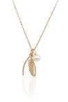 14K Yellow Gold Diamond Wishbone, Leaf, and Pearl Charm Necklace